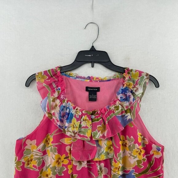 Spense Blouse Women's Sz L Pink Floral Ruffle Pleated Round Neck Regular Fit - Picture 5 of 12